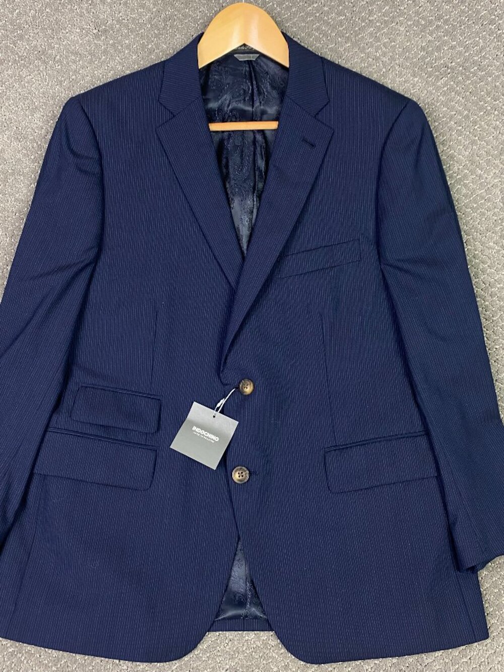 Indochino Blazer Sport Coat Mens 40S Short Sleeves Navy Blue Thin Pinstripe Wool